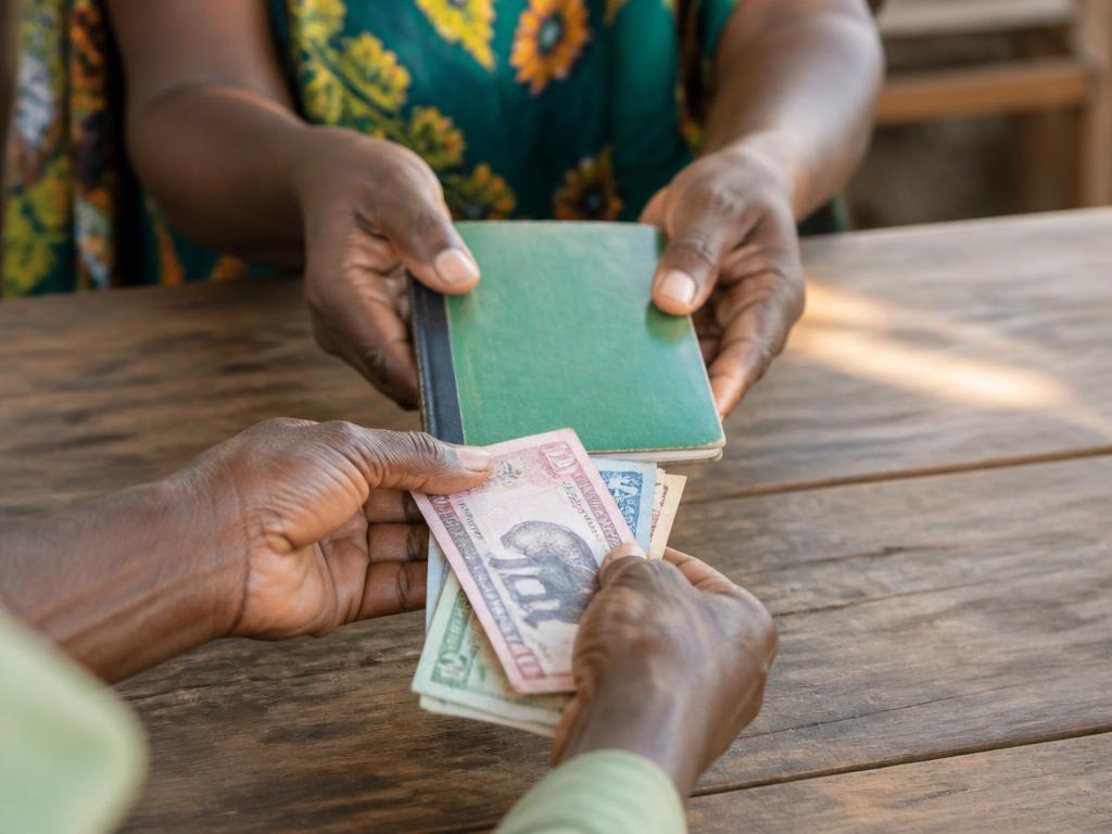 Hands exchanging a savings passbook and shilling notes