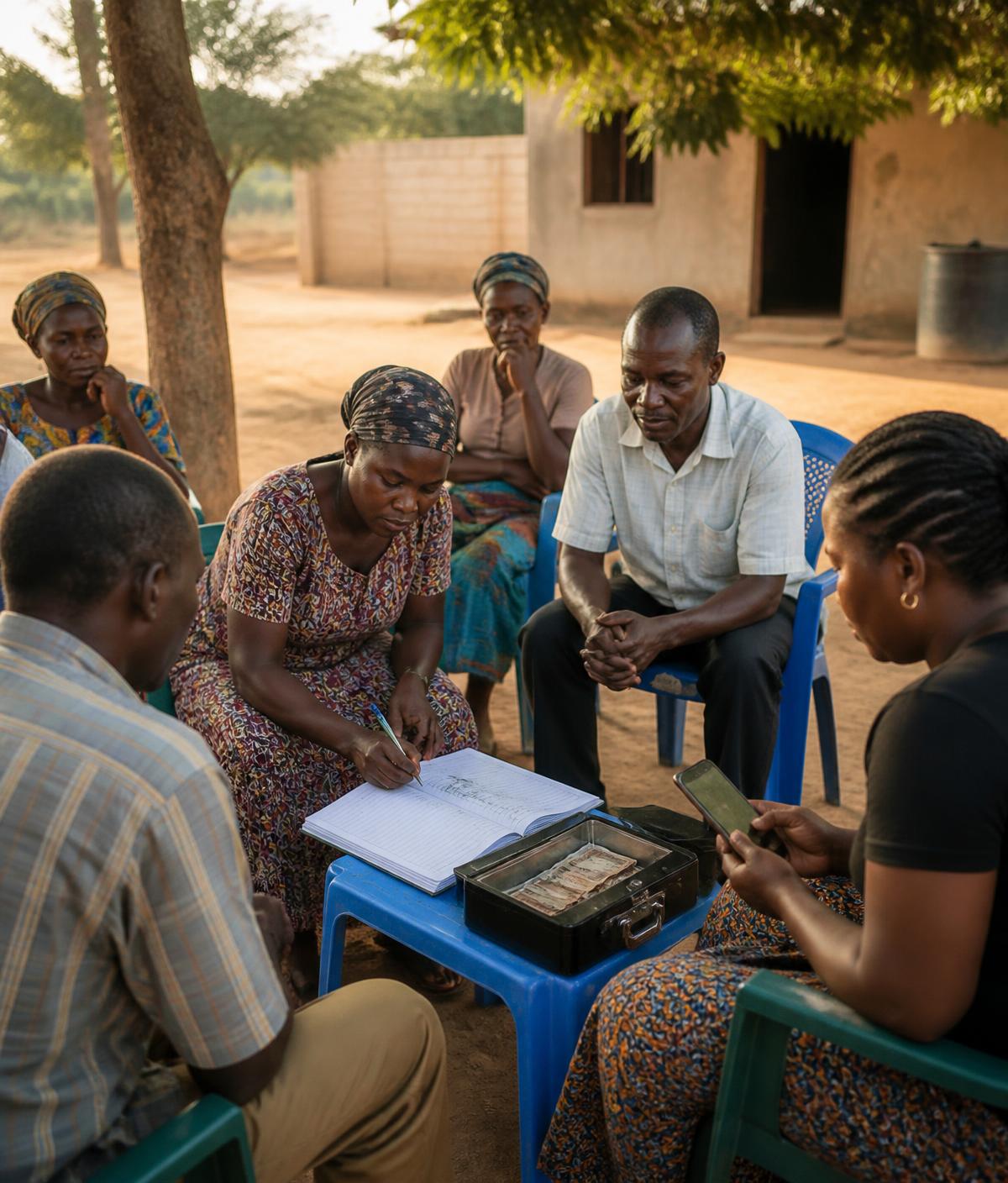 Members of a savings group recording contributions during a meeting
